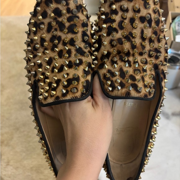 Christian Louboutin Leopard Print Gold Spiked Loafers - Picture 2 of 8